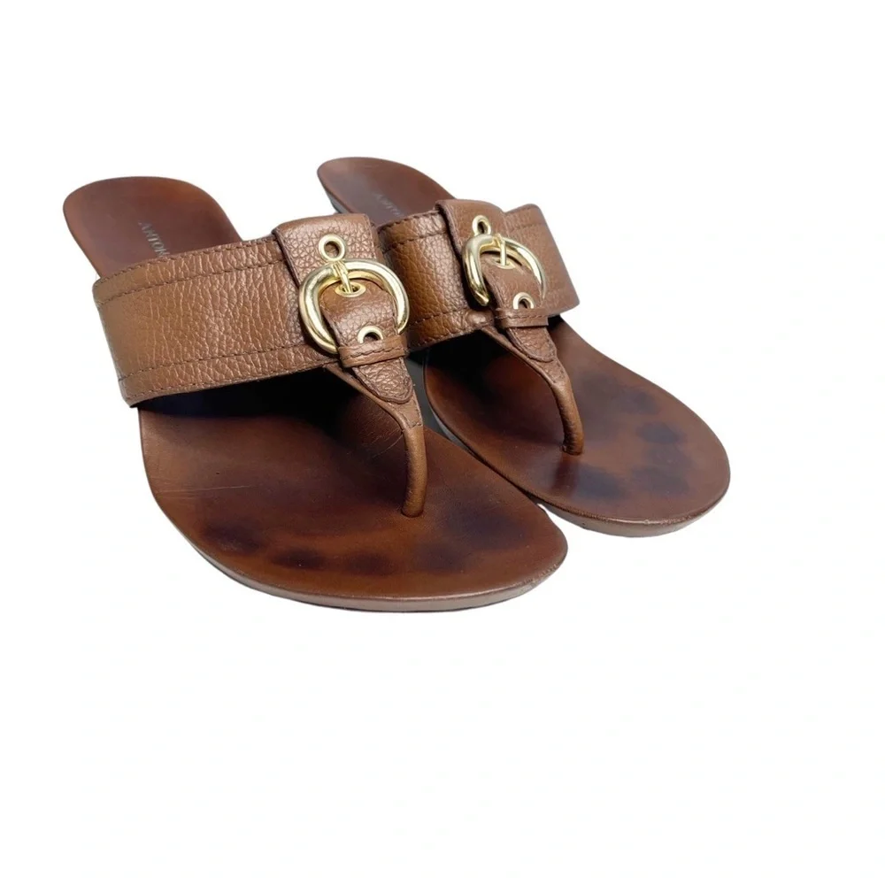 Antonio Melani stacked wedge brown leather thong heel/ gold buckle. Women 8M